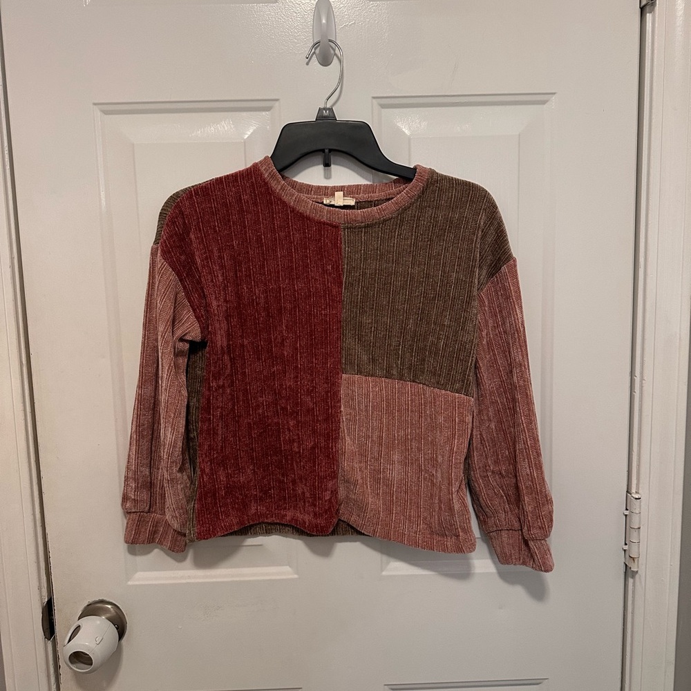 Hayden Patchwork Corded Crewneck Sweater - Rose, Burgundy & Olive